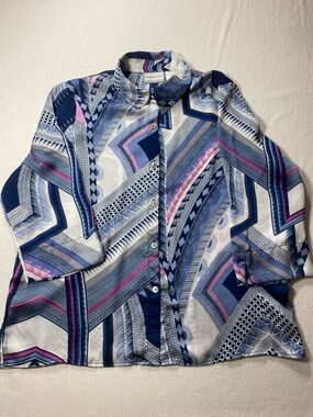 Alfred Dunner Navy, White & Pink Geometric Button-Front Blouse